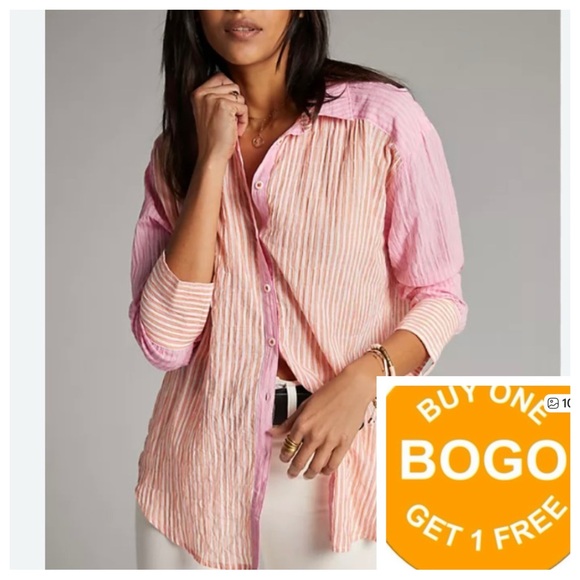 Anthropologie Tops - Anthropologie Maeve Button-Front Shirt Pink Orange Striped size med